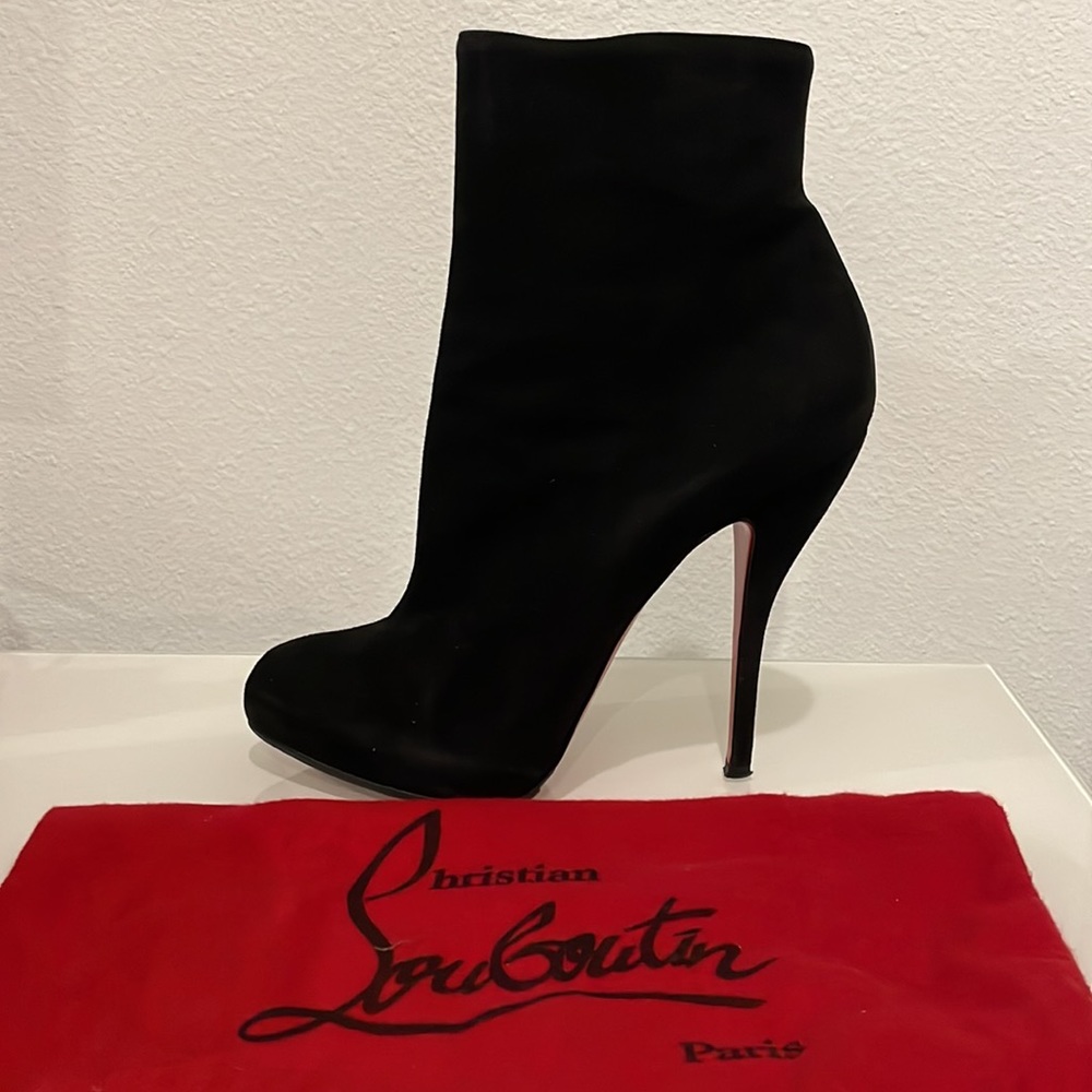 Black suede Christian Louboutin booties.  Added red rubber soles. 39.5
